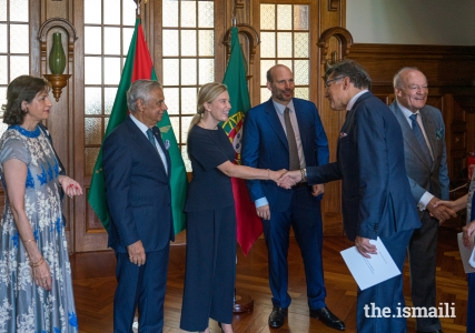 Members of Mawlana Hazar Imam’s family welcome guests to the Imamat Day reception at the Diwan of the Ismaili Imamat in Lisbon. 